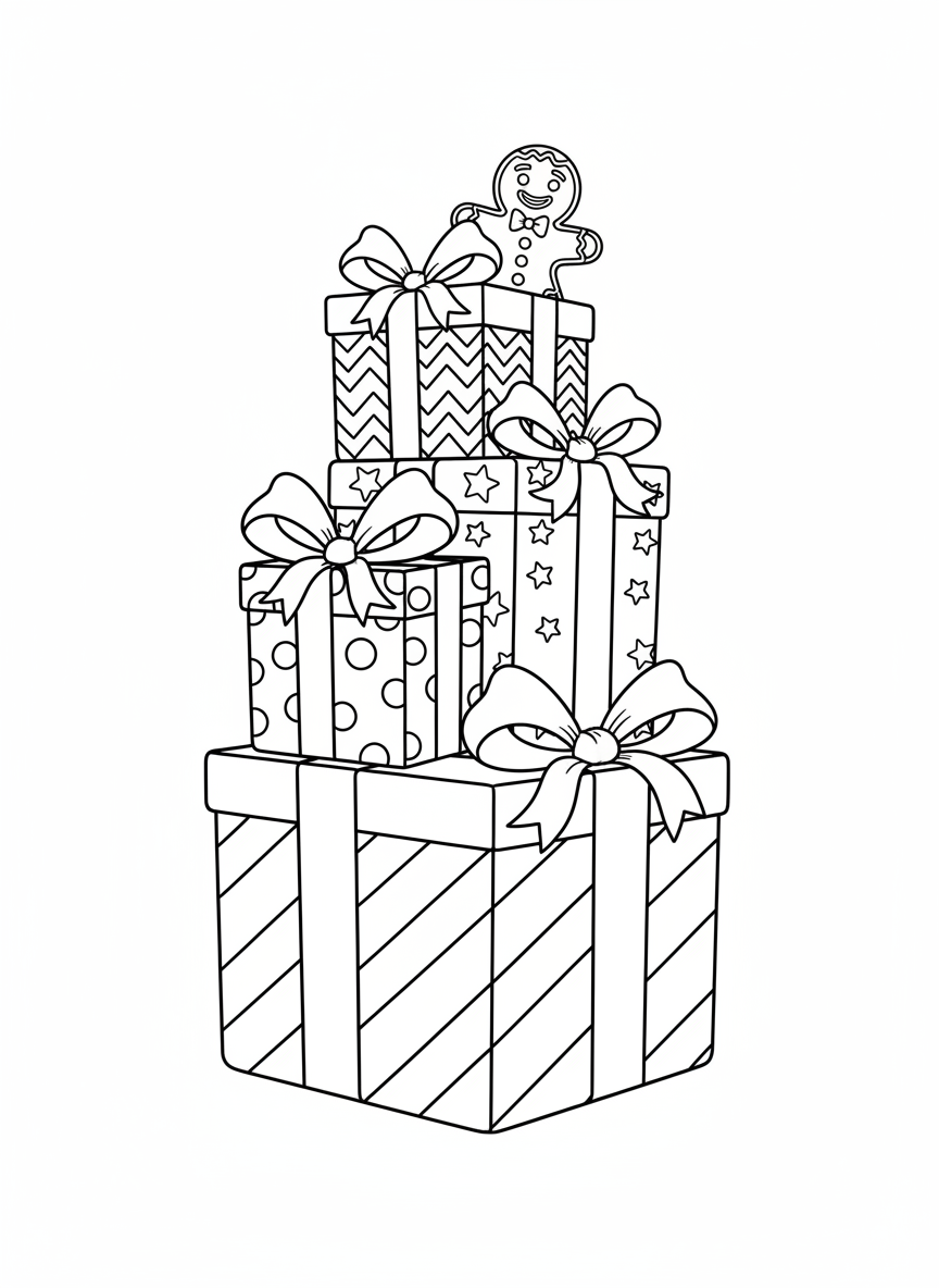 Whimsical Christmas Presents with Gingerbread Man Coloring Page