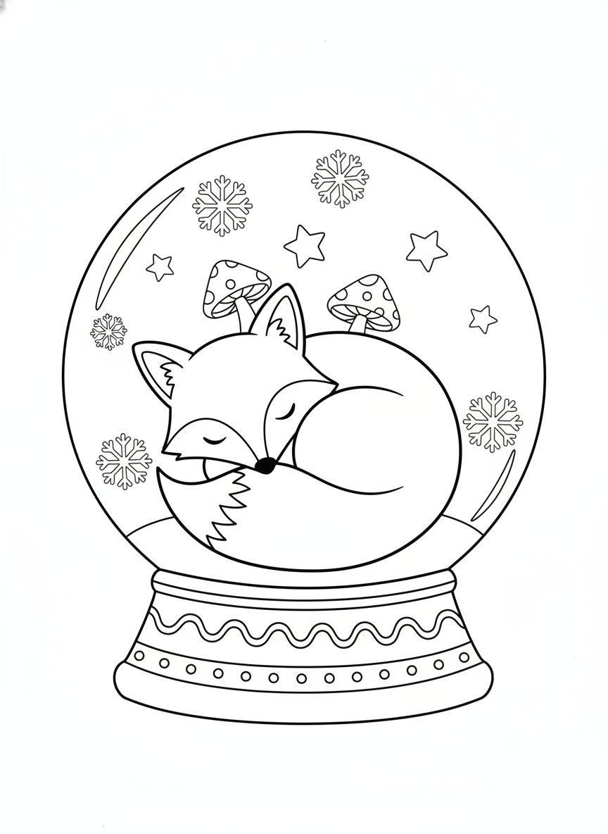 Whimsical Fox Snow Globe Coloring Page for Kids