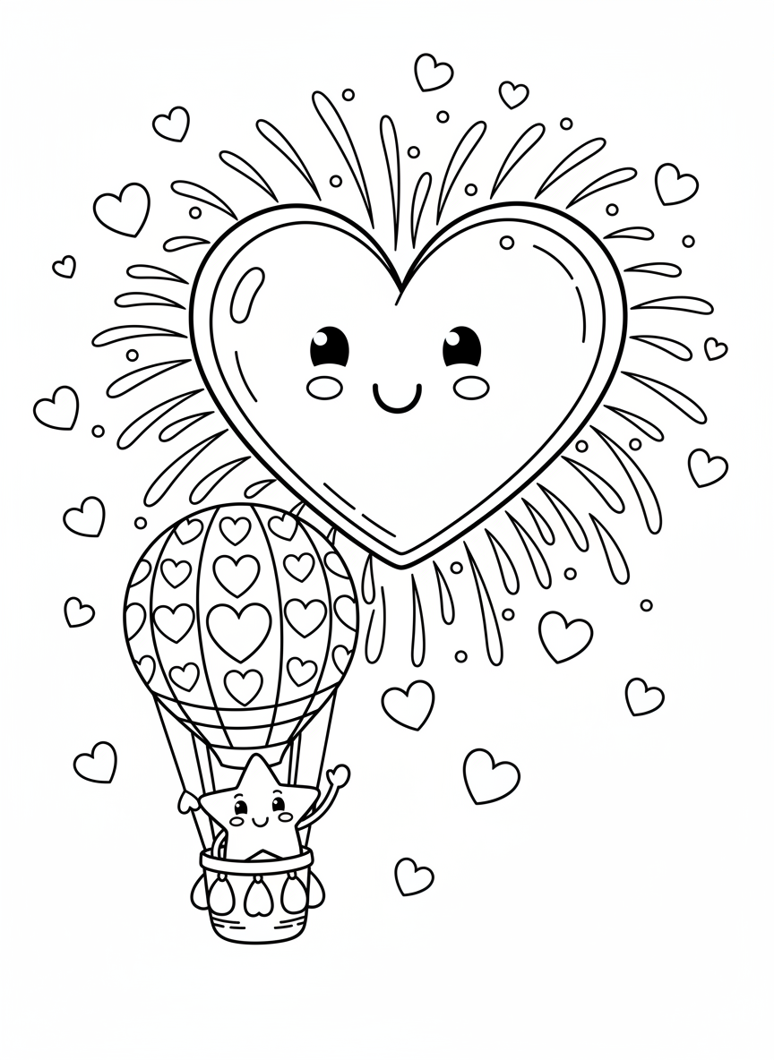 Whimsical Heart Firework & Hot Air Balloon Coloring Page