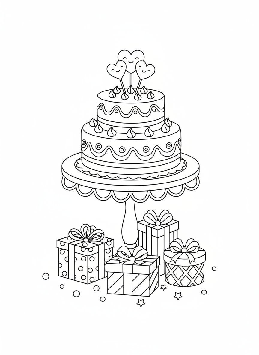 Whimsical Wedding Cake & Gifts Coloring Page