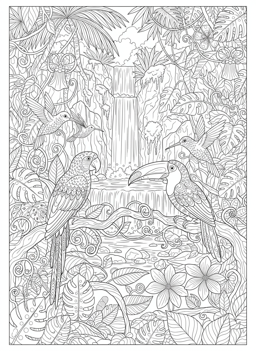 Intricate Jungle Birds Coloring Page for Kids: Parrots, Toucans & Hummingbirds