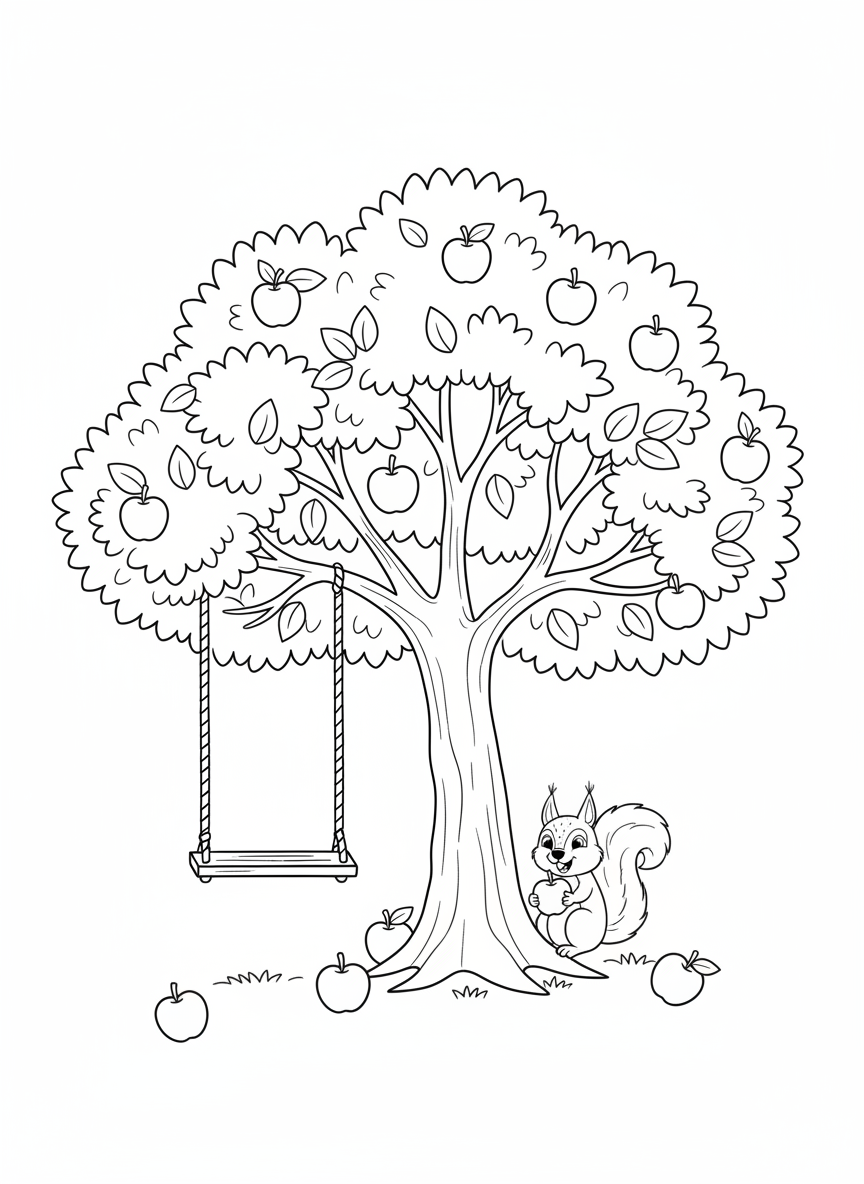 Apple Tree & Squirrel Swing Coloring Page