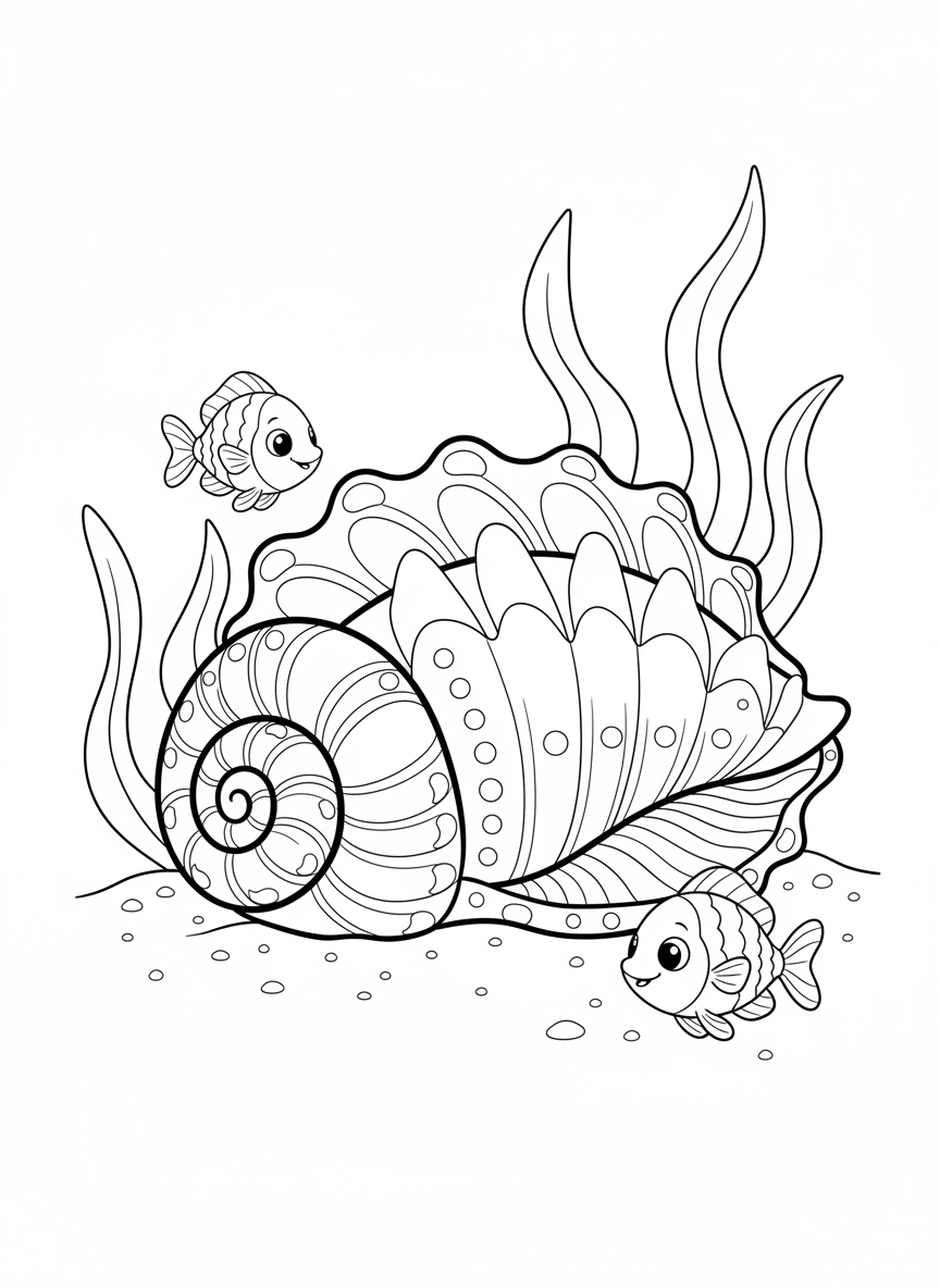 Charming Seashell & Friendly Fish: Ocean Floor Coloring Page for Kids