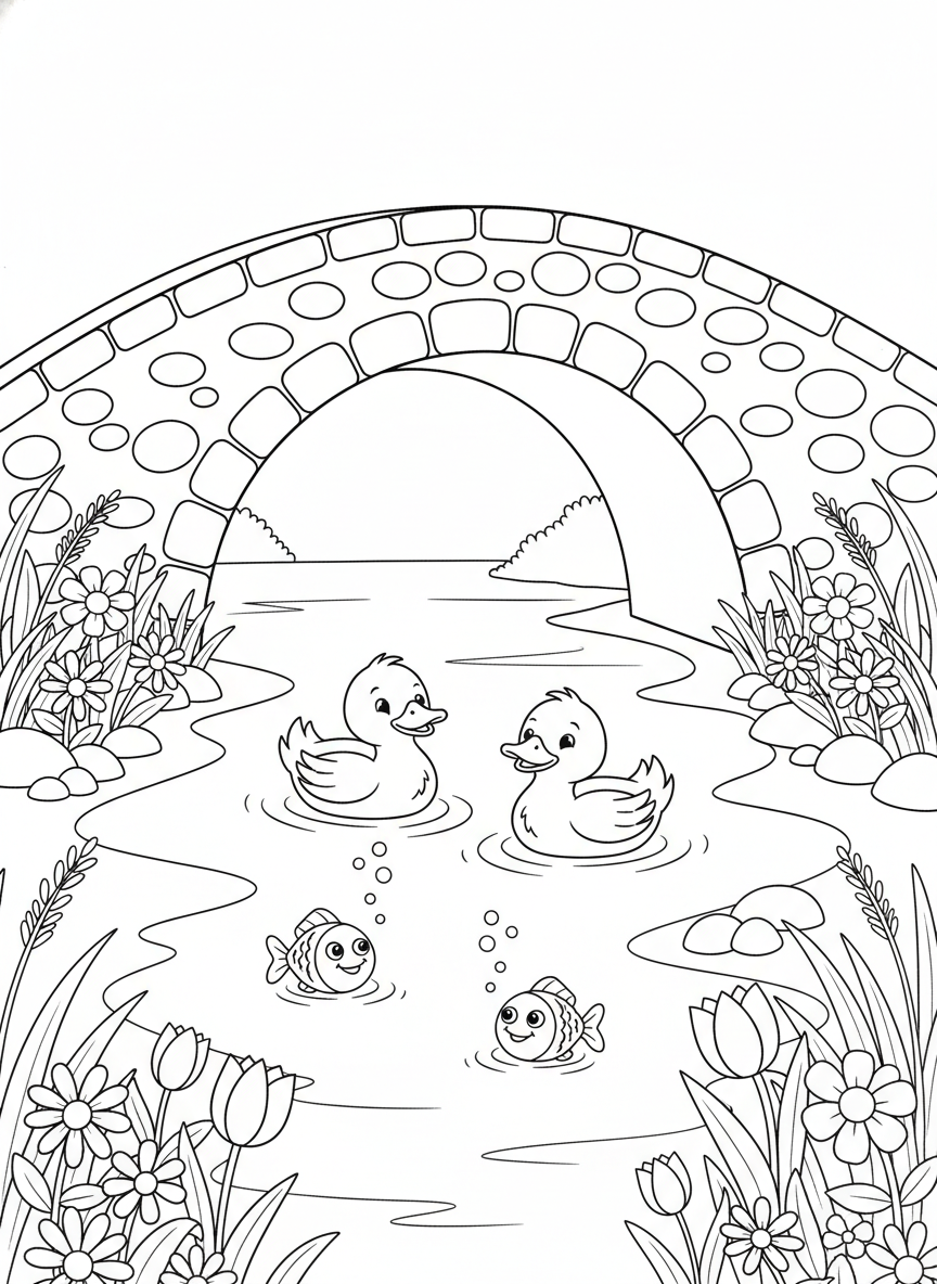 Charming Stone Bridge & Playful Ducks River Scene Kids Coloring Page