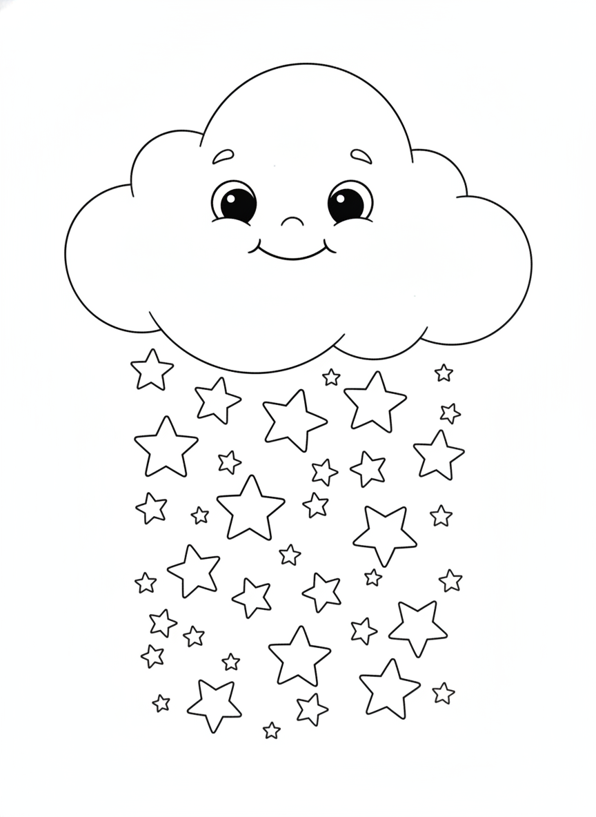 Cheerful Cloud Raining Star Confetti Coloring Page for Kids