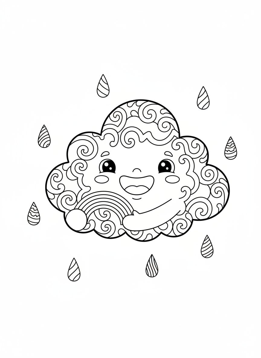 Cheerful Cloud with Rainbow & Raindrops Coloring Page for Kids
