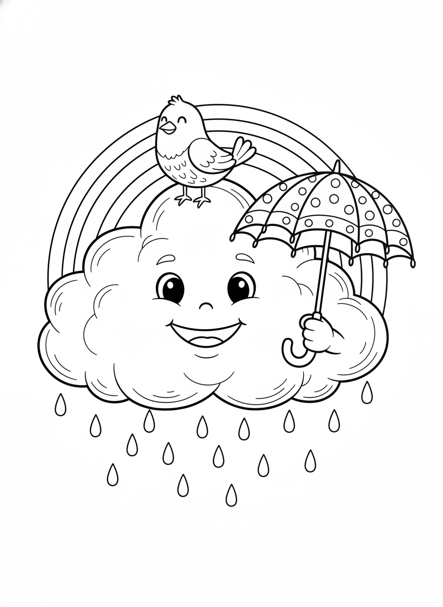 Cheerful Cloud with Umbrella & Rainbow Kids' Coloring Page