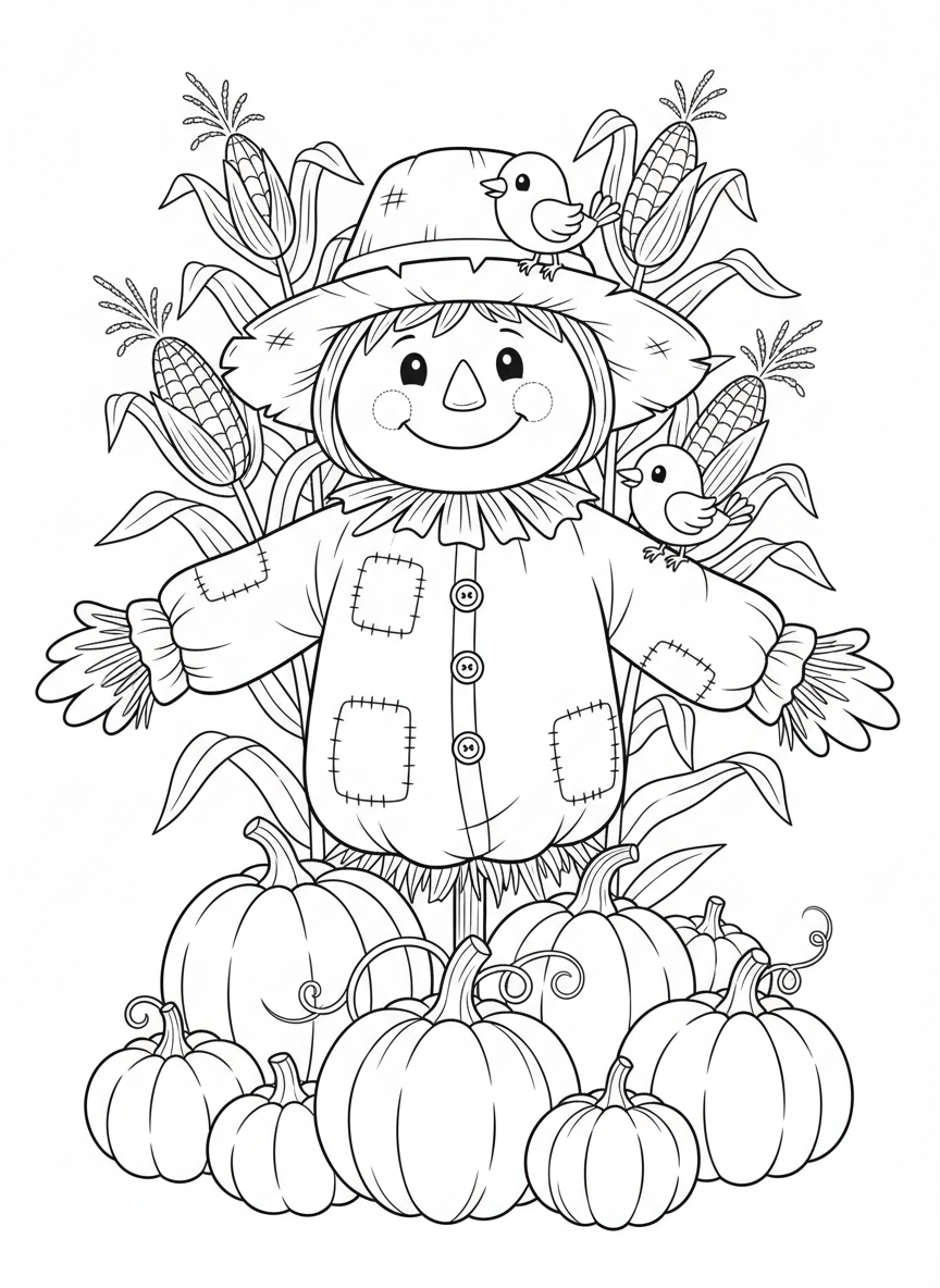 Cheerful Scarecrow in a Pumpkin Patch Coloring Page for Kids