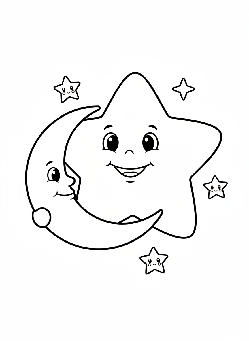 Cheerful Star & Moon Coloring Page for Kids