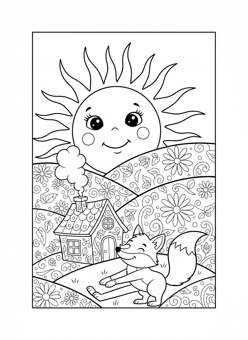 Cheerful Sun & Playful Fox: A Whimsical Countryside Coloring Adventure