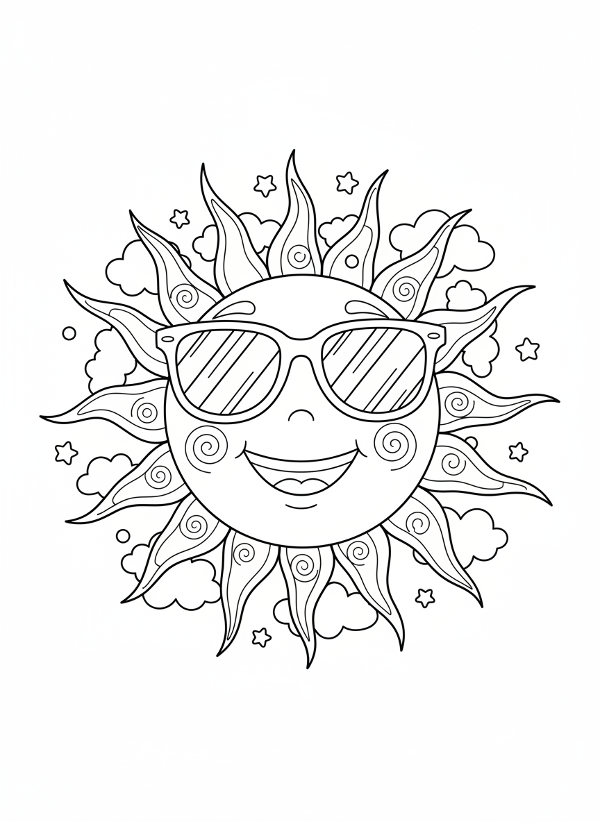 Cheerful Sun with Sunglasses Coloring Page for Kids