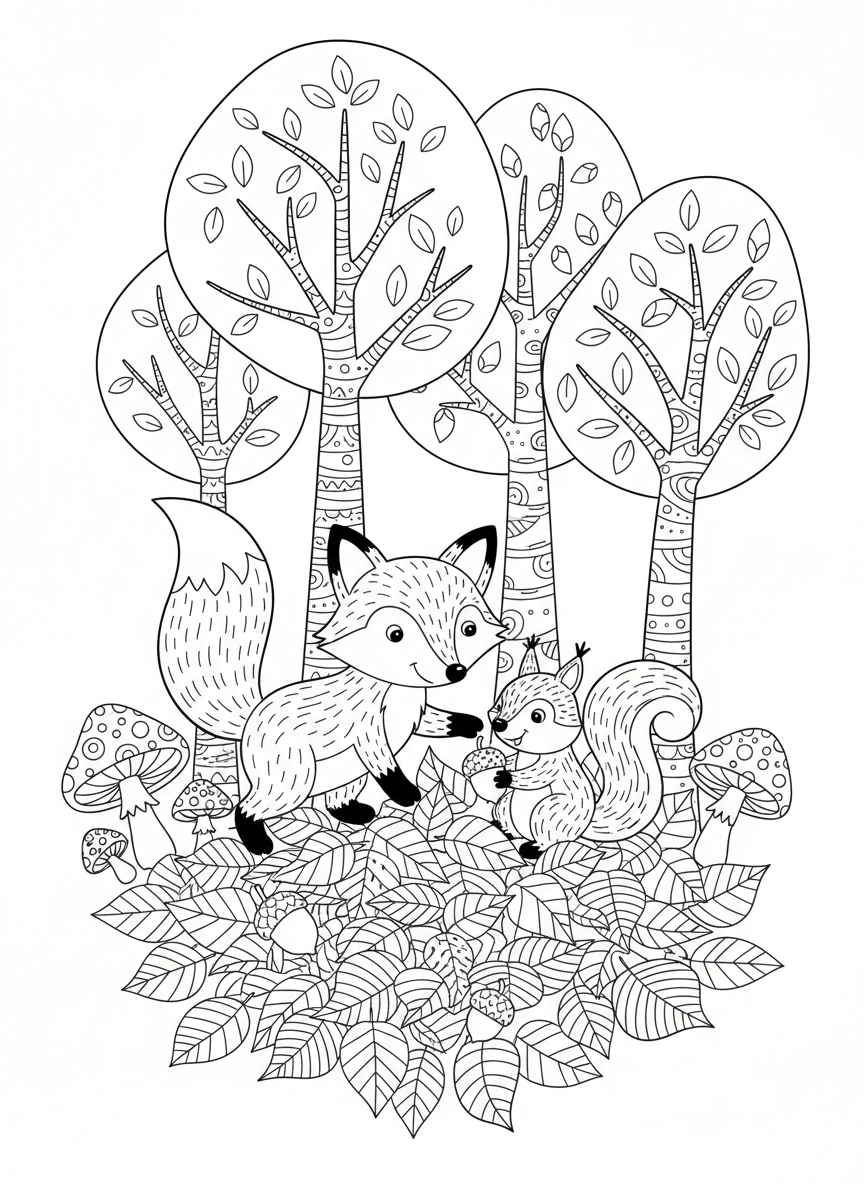 Cozy Autumn Forest Fun: Fox & Squirrel Coloring Page for Kids