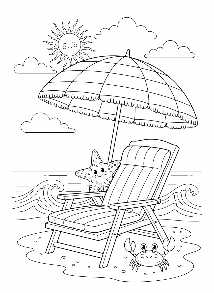 Cozy Beach Chair & Friends Coloring Page