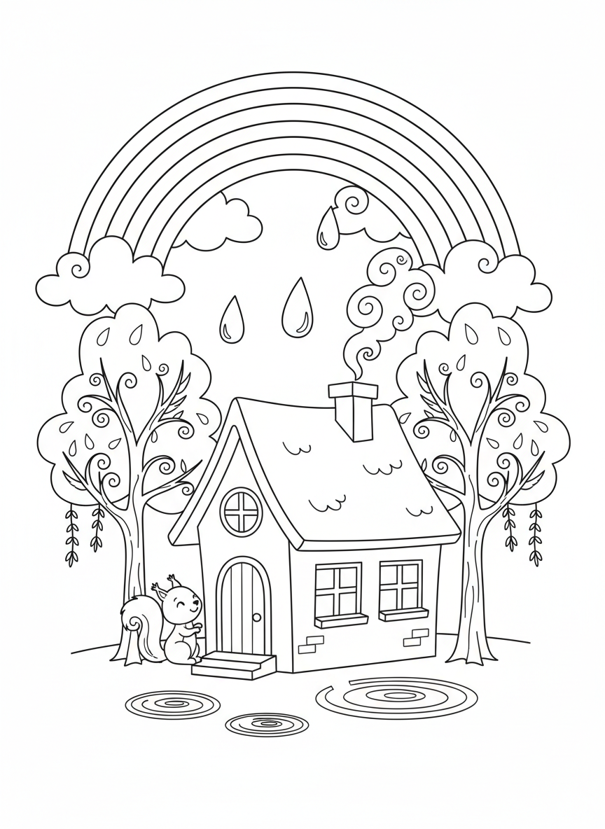 Cozy Home & Rainbow Coloring Page