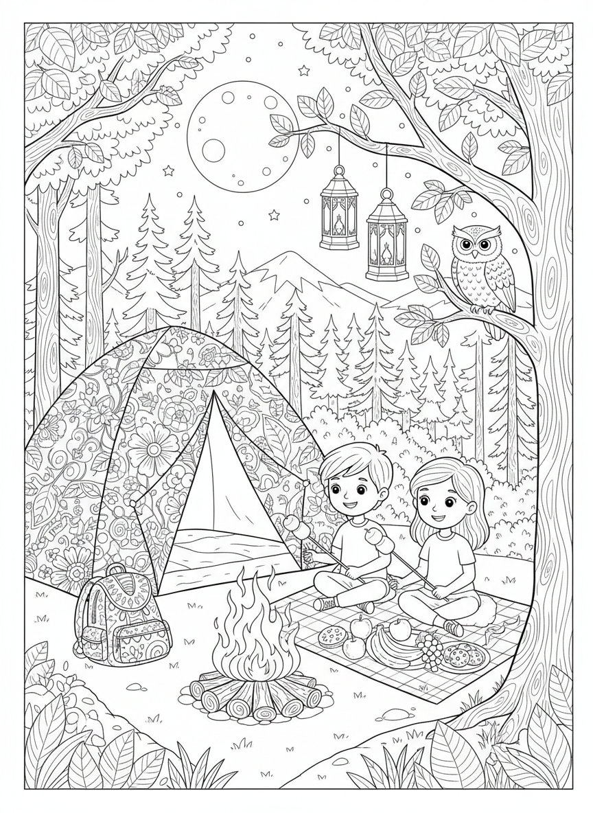 Cozy Night Camping Adventure: Detailed Coloring Page for Kids