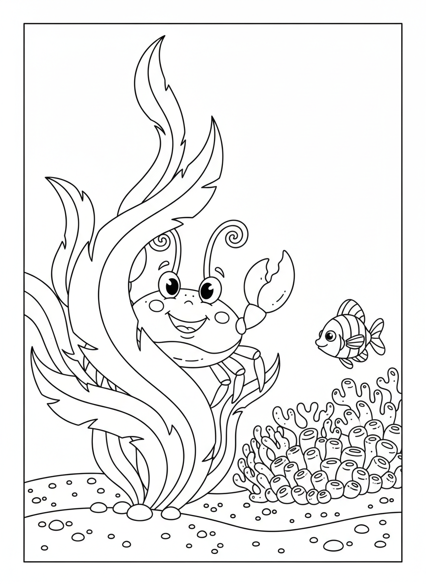 Crab and Seaweed Friends Coloring Page