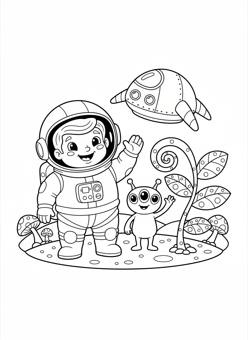 Cute Astronaut & Alien on Whimsical Planet Coloring Page for Kids