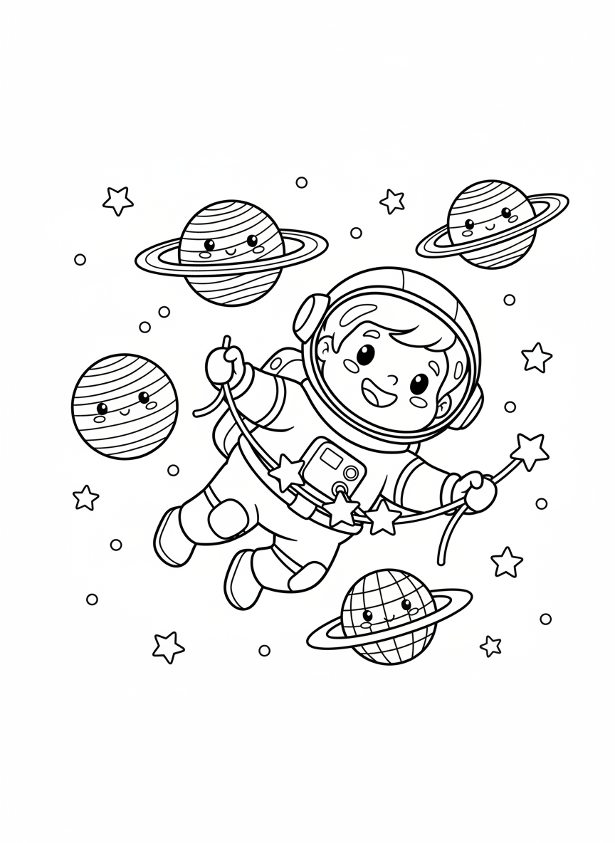 可愛太空人與微笑行星太空塗色頁