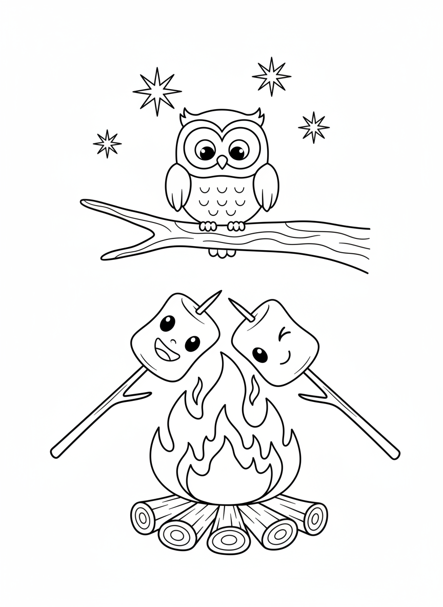Cute Campfire Marshmallows Coloring Page