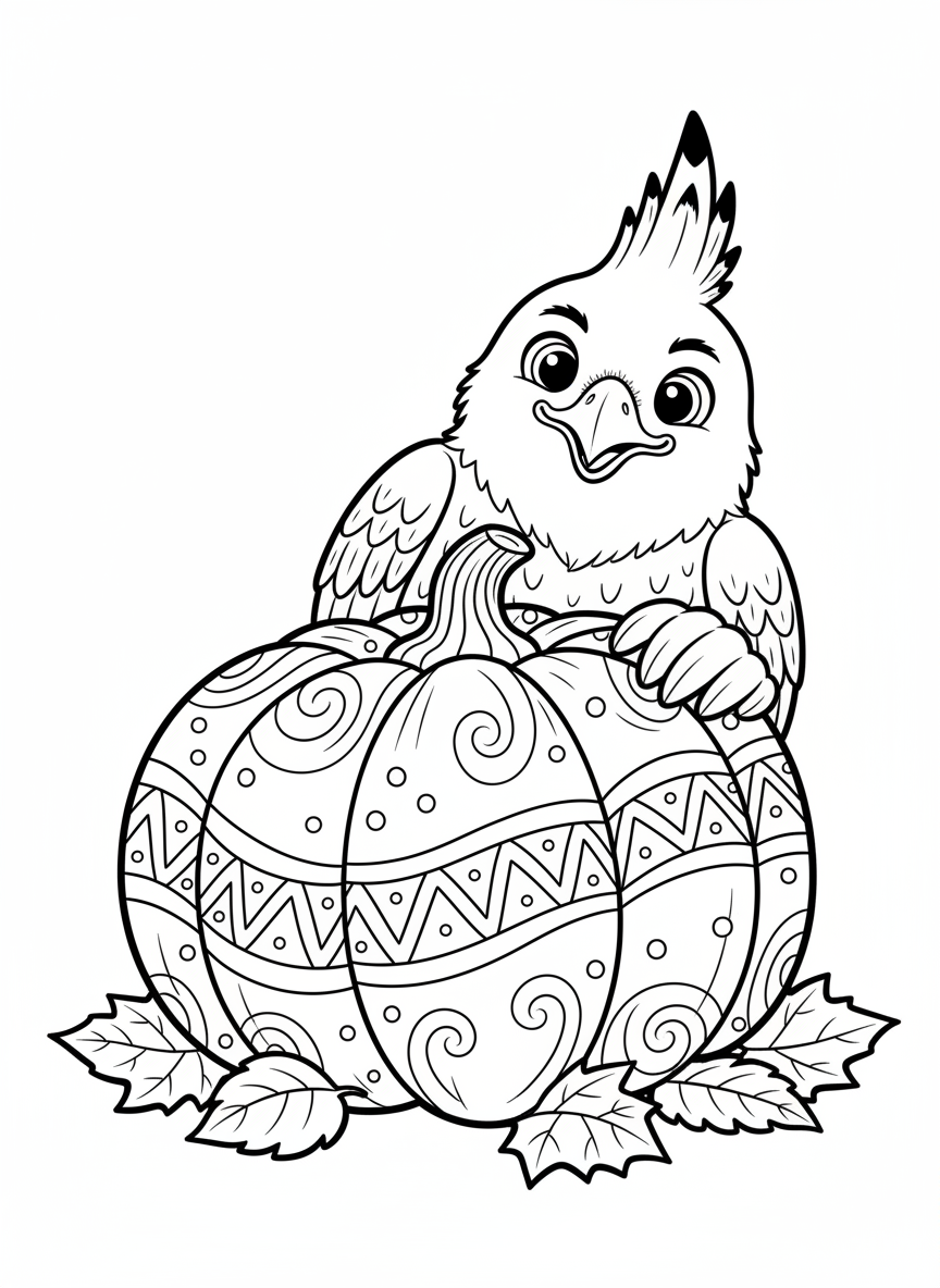 Cute Crested Hawk & Autumn Pumpkin Coloring Page