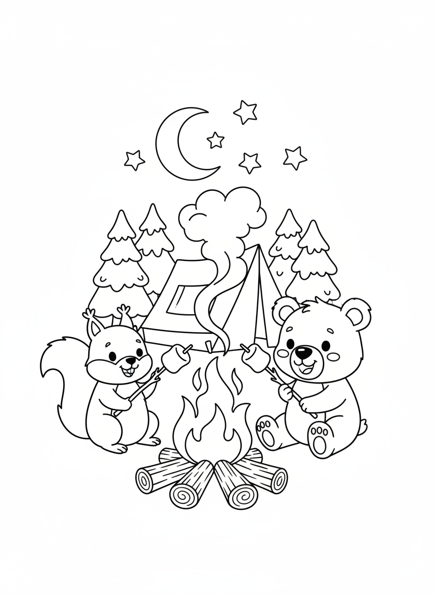 Cute Forest Campfire Coloring Page