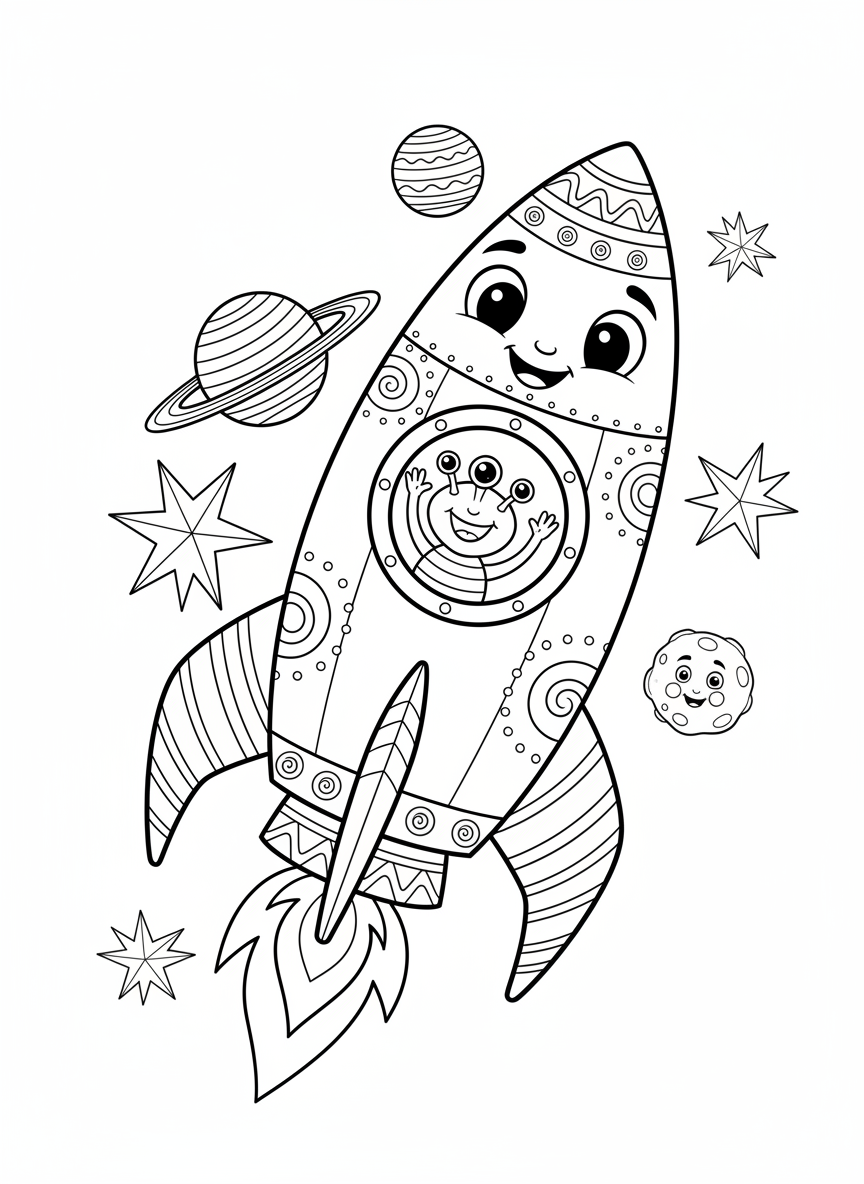 Cute Rocket & Alien Space Adventure Coloring Page for Kids