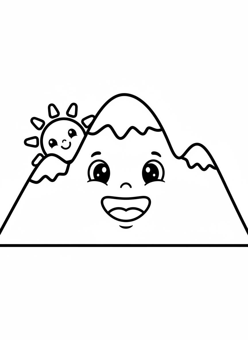 Cute Smiling Mountain & Sun Coloring Page for Kids