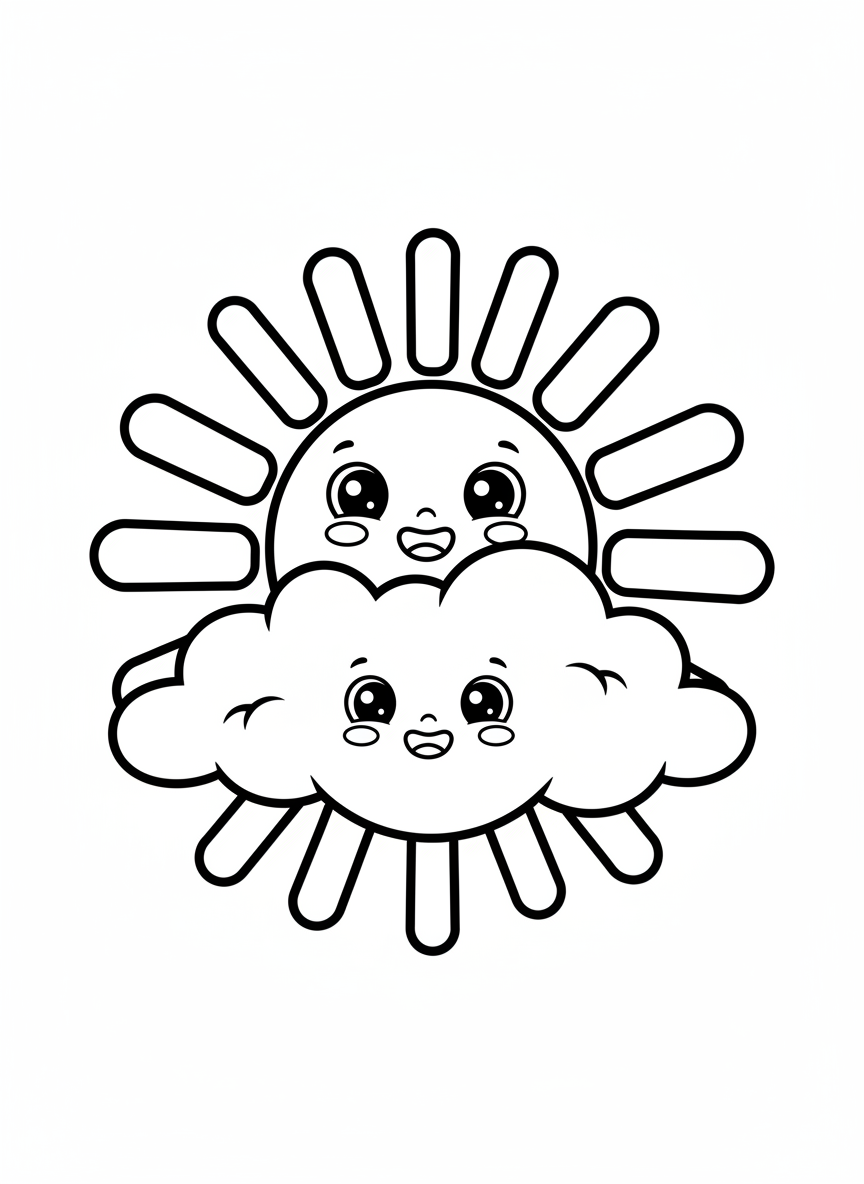 Cute Smiling Sun and Fluffy Cloud Coloring Page for Kids