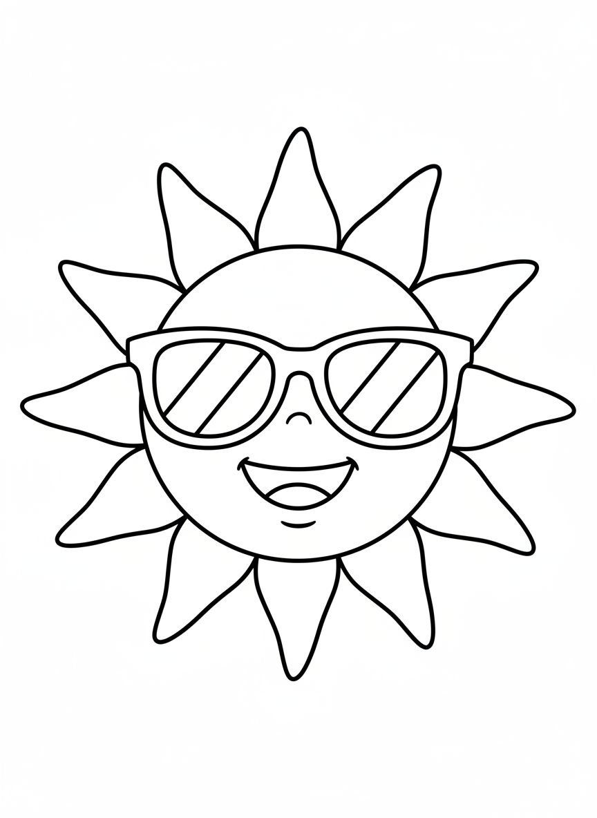 Cute Sun with Sunglasses Coloring Page for Kids
