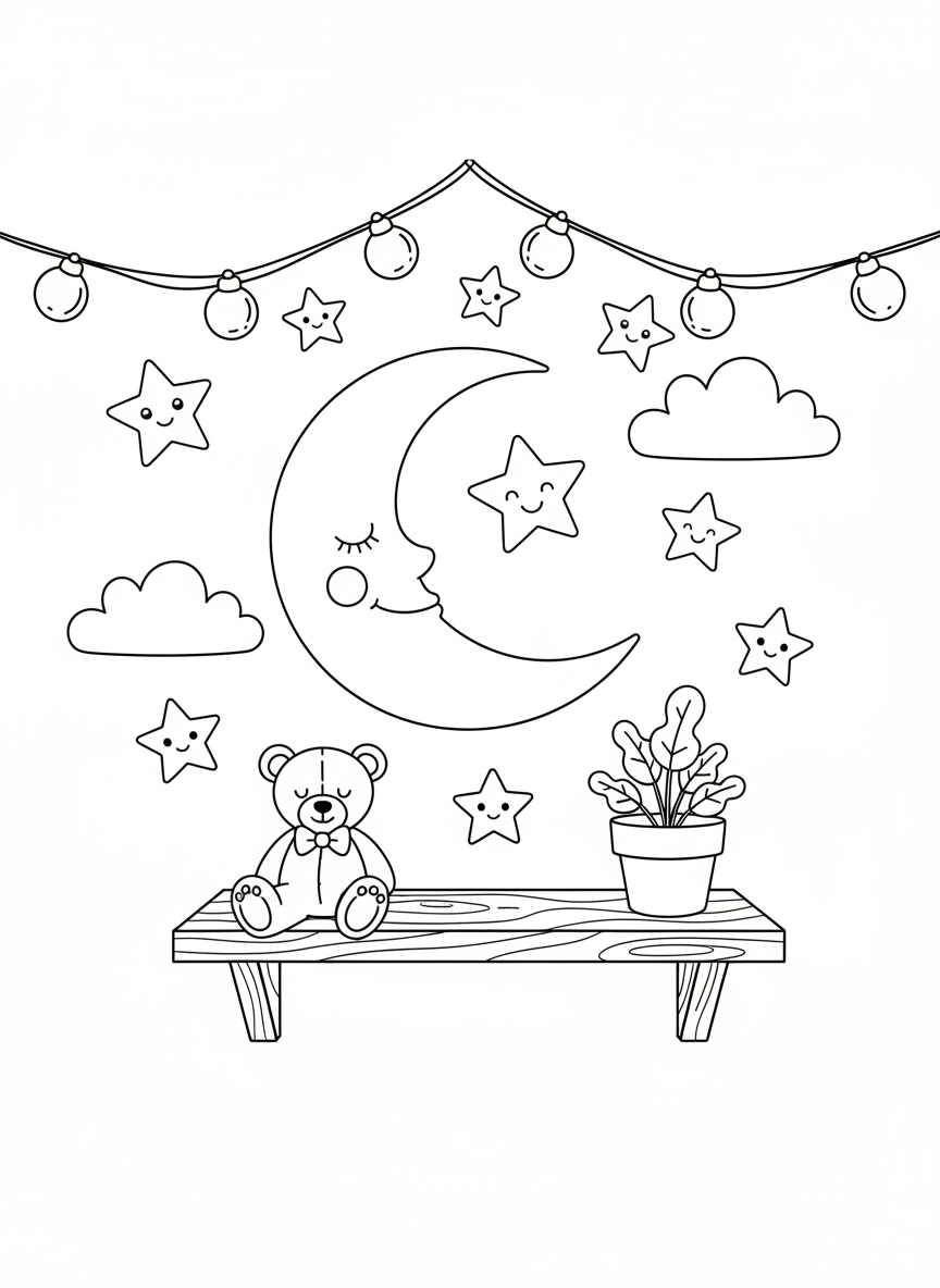 Dreamy Crescent Moon Bedroom Coloring Page