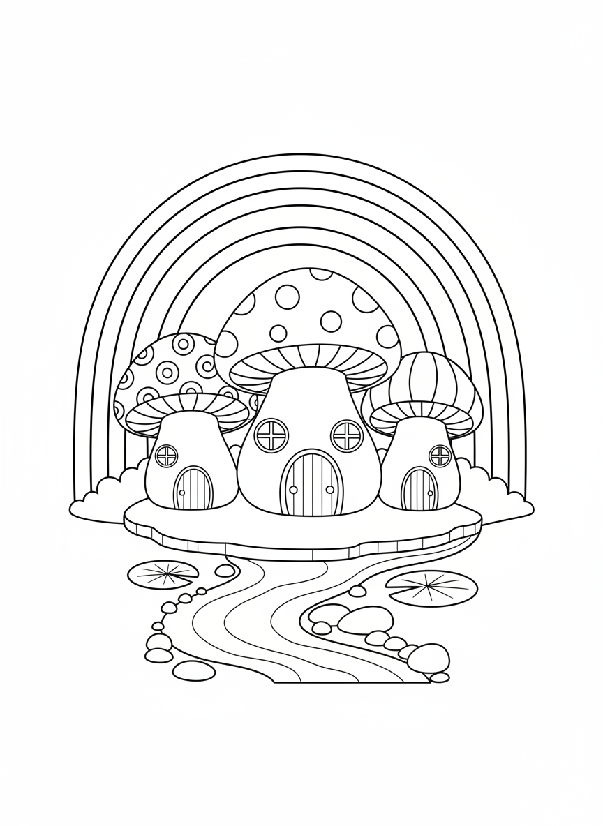 Enchanting Rainbow Village Coloring Page for Kids