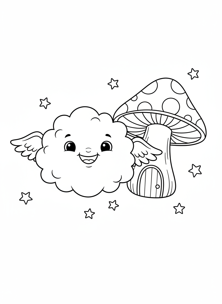 Fluffy Cloud Friend & Mushroom House Coloring Page