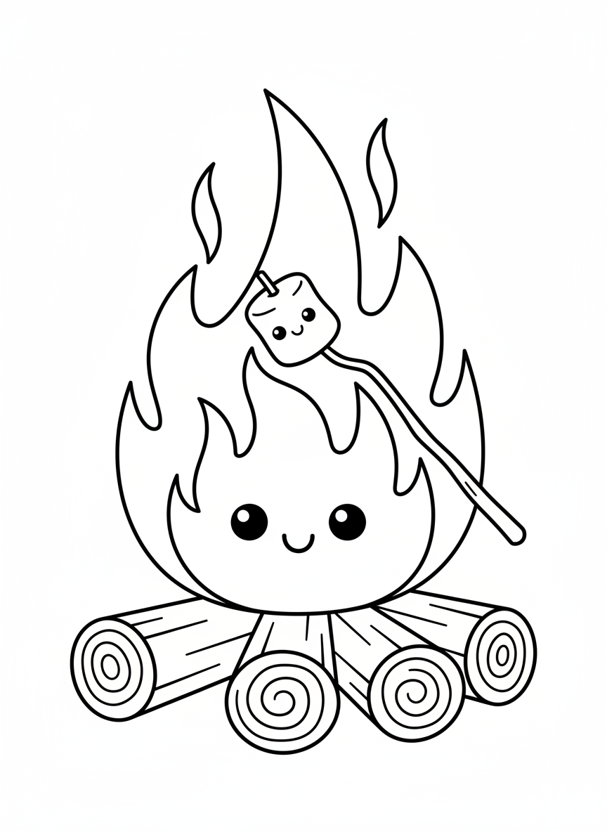 Friendly Campfire & Marshmallow Coloring Page