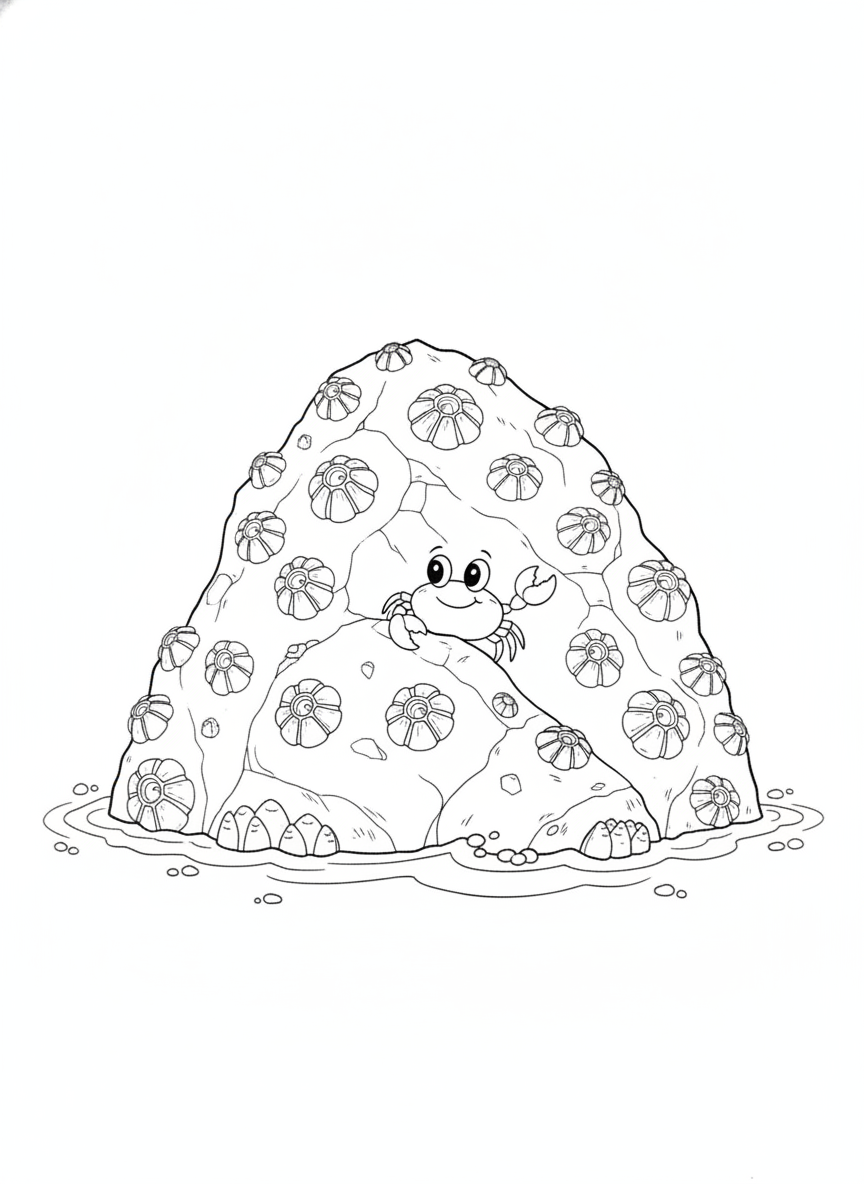 Friendly Crab & Barnacled Seaside Rock Coloring Page