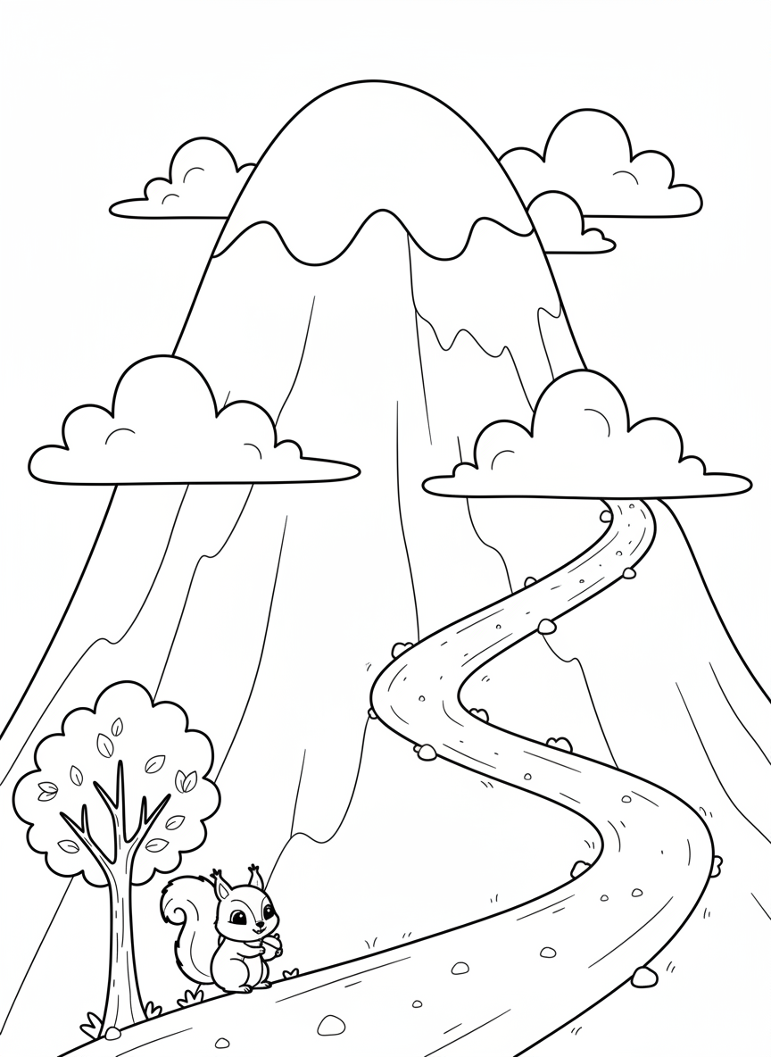 Friendly Mountain Adventure with a Cute Squirrel Coloring Page