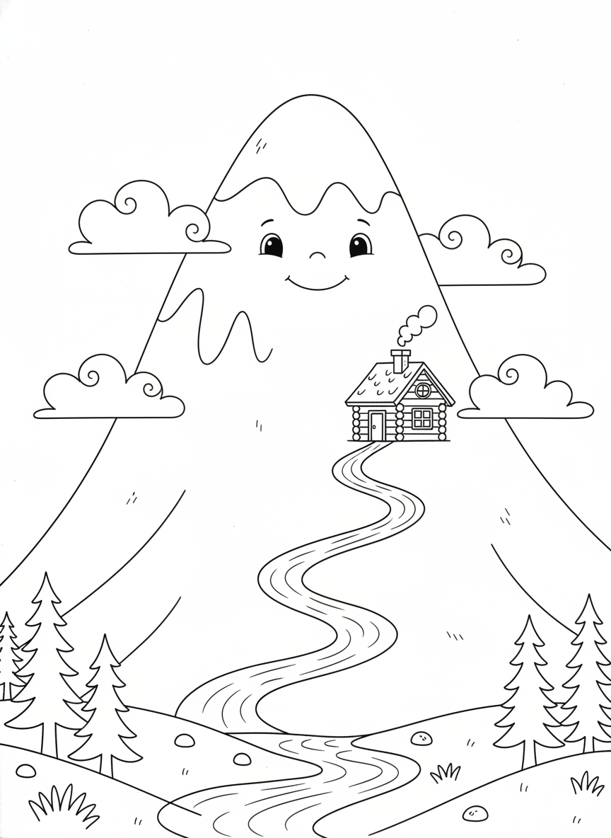 Friendly Mountain Landscape Coloring Page for Kids 5-8