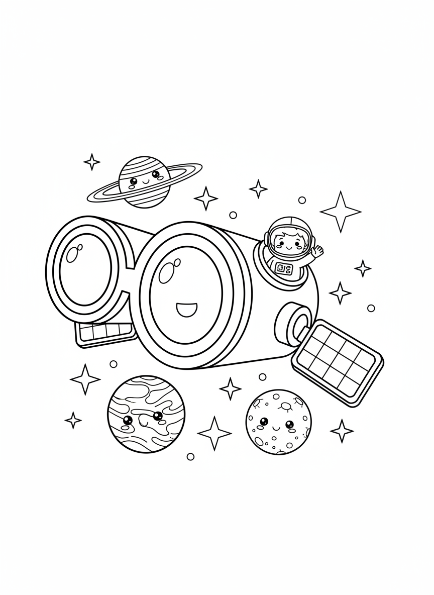 Friendly Space Telescope Adventure Coloring Page