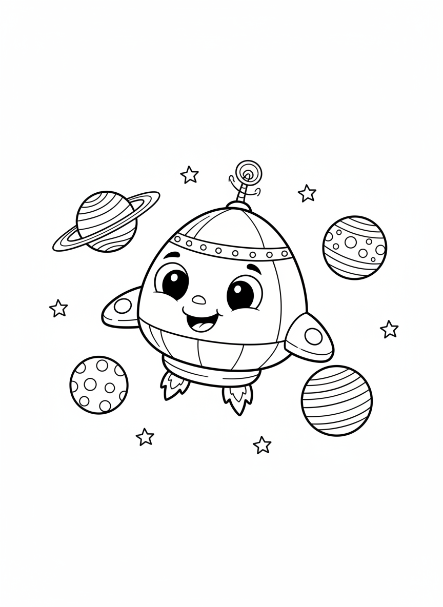 Friendly Spaceship & Planets Coloring Page