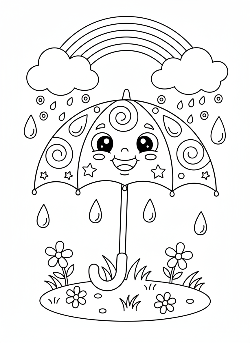 Friendly Umbrella & Rainbow Coloring Page