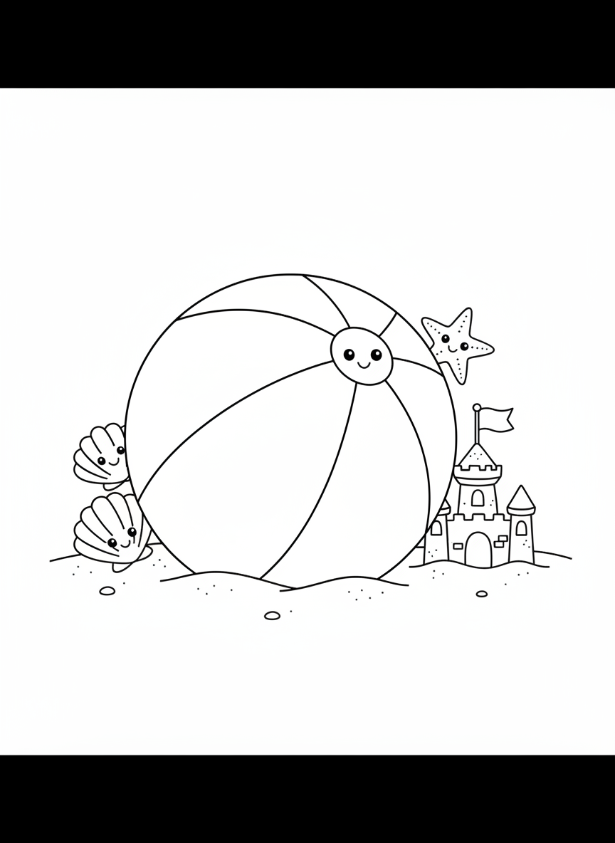 Fun Beach Ball & Sandcastle Coloring Page