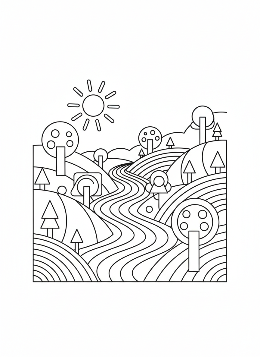 Geometric Landscape Coloring Page for Kids