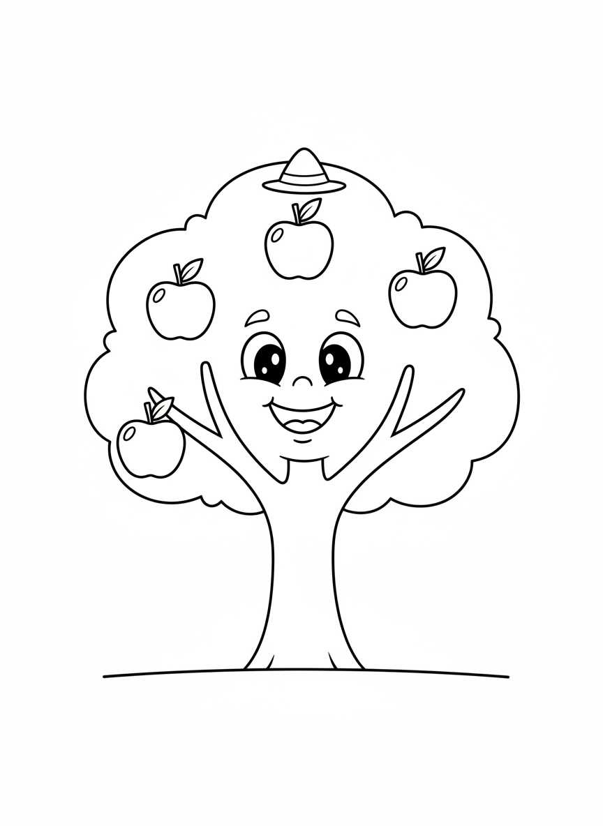 Happy Apple Tree Coloring Page for Kids