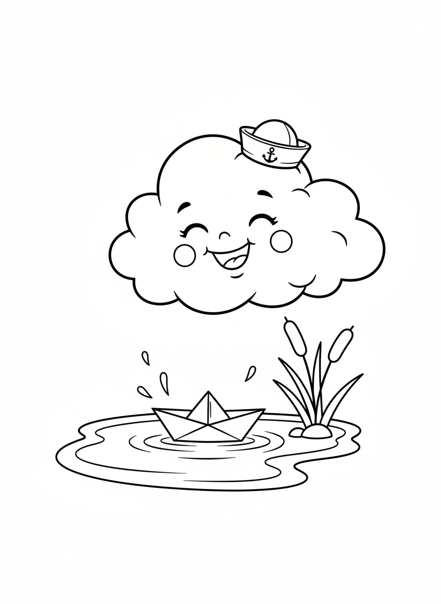 Happy Cloud & Paper Boat Coloring Page