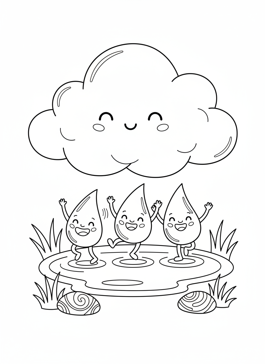 Happy Cloud & Raindrops Coloring Page