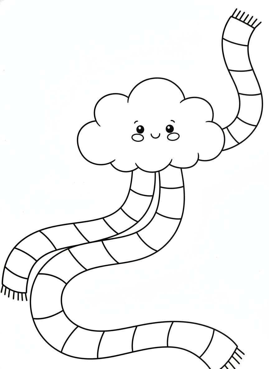 Happy Cloud with Wavy Striped Scarf Coloring Page for Kids