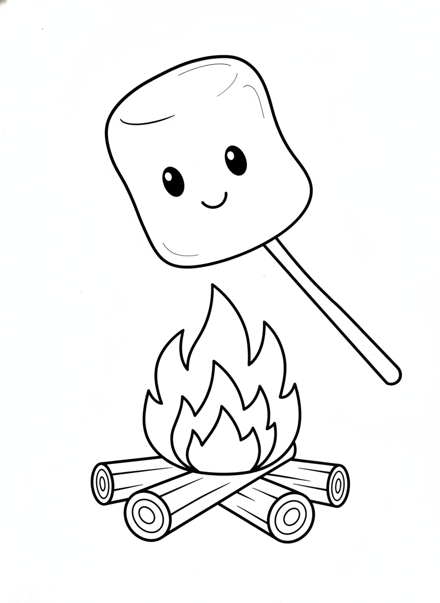 Happy Marshmallow & Campfire Fun Coloring Page for Kids