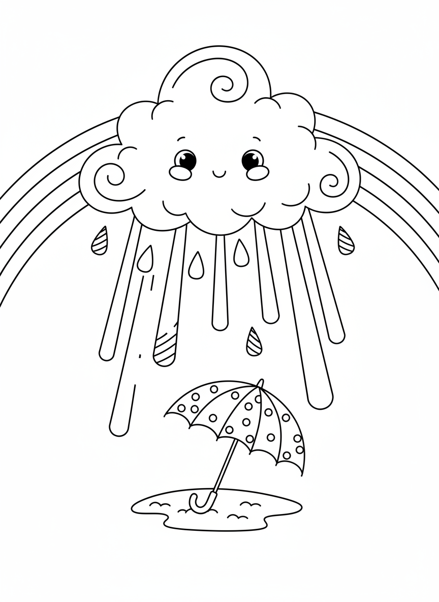 Happy Rain Cloud and Rainbow Coloring Page for Kids