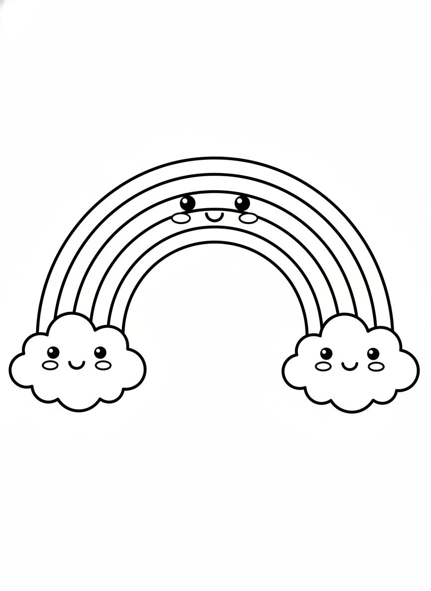 Happy Rainbow and Clouds Coloring Page for Kids