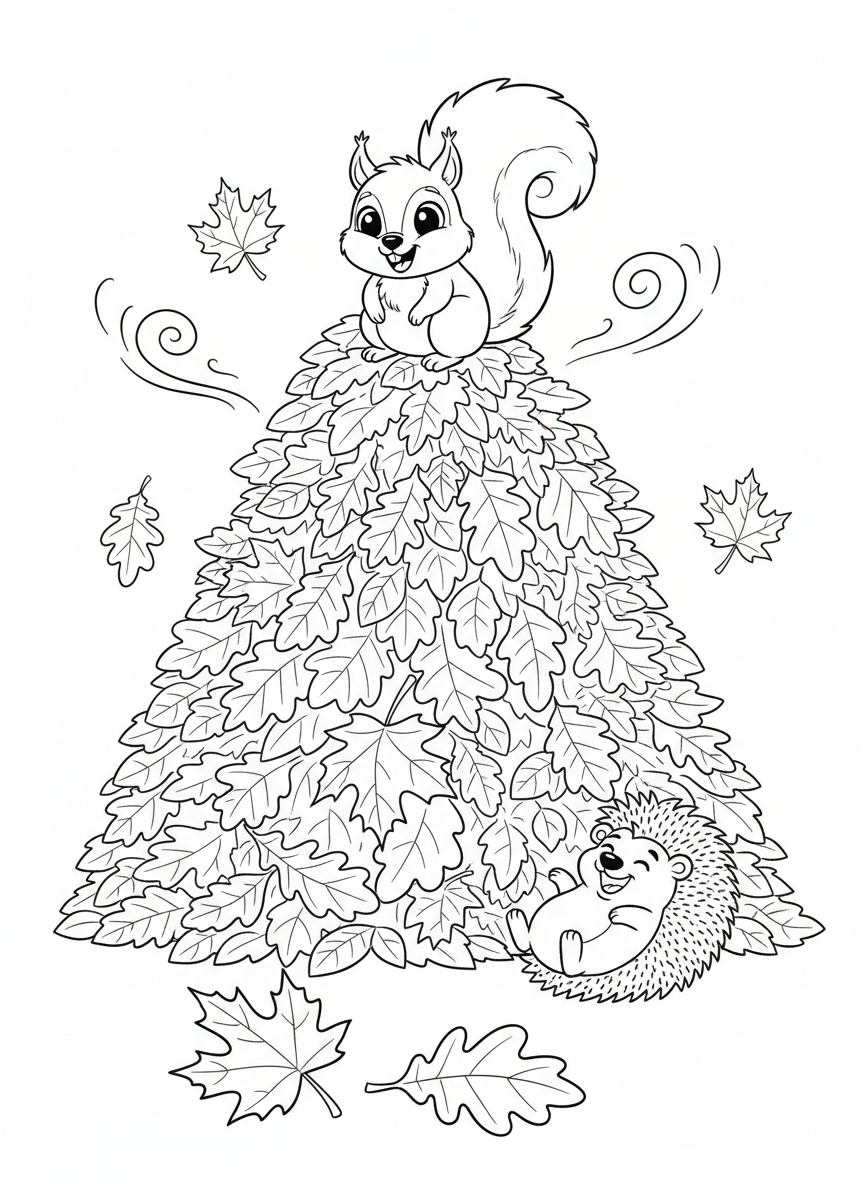 Joyful Autumn Squirrel and Hedgehog Coloring Page