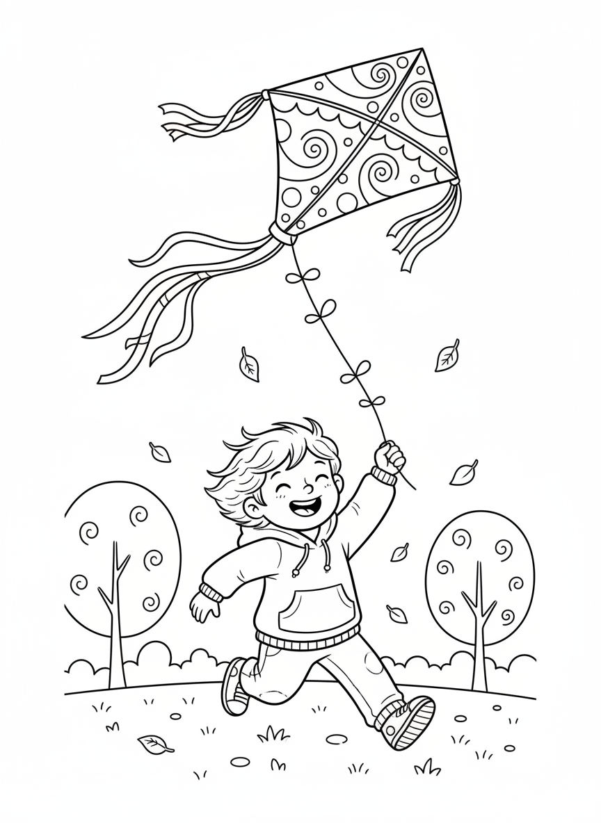 Joyful Child Flying Kite in Autumn Breeze Coloring Page